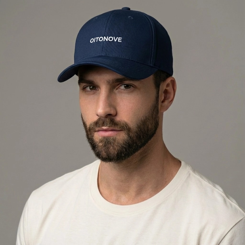 Boné Essencial OITONOVE – modelo de frente Modelo usando o Boné Essencial OITONOVE navy em estúdio, com foco na curva da aba e na logo mínima frontal.